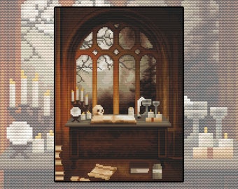 Cross stitch kit Witchy Workspace, witch, house, book of spells, library