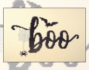 Cross stitch kit Boo, Halloween, text, spiderweb