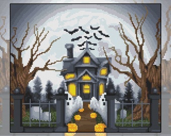 Cross stitch kit Halloween Manor, creepy ghost haunted house