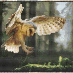 Cross stitch kit Sun Beamed Flight, barn owl, sunbeam, forest