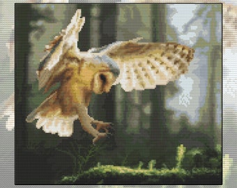 Cross stitch kit Sun Beamed Flight, barn owl, sunbeam, forest