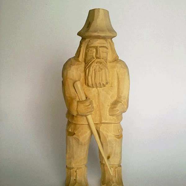 Hand carved Wooden Figurine Man with Stick - handmade primitive folk sculpture