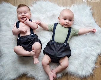 Patrón de costura en PDF: shorts con tirantes y pajarita Smarties, para bebés prematuros de 18 a 24 meses, ideal para principiantes.