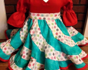 Paquete de patrones de costura en PDF: Vestido con espirales de menta, mangas largas y cortas, para niñas de 6 meses a 10 años. Patrón de vestido con volantes hasta la rodilla.