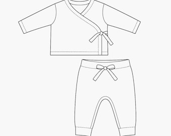 Patrón de costura en PDF – Conjunto Okashi para bebé | Camisa cruzada y pantalón ajustado | Prematuro – 6 meses | Patrón de punto fácil para principiantes