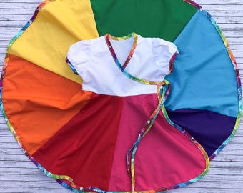 Paquete de patrones de costura en PDF: Vestido chicle con falda circular para niñas de 0 a 14 años. Patrón de vestido cruzado con volantes.