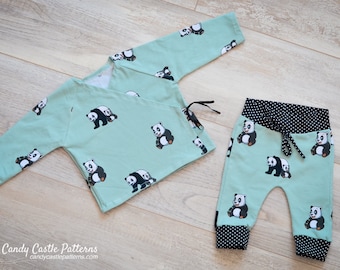 Patrón de costura en PDF – Conjunto Okashi para bebé | Camisa cruzada y pantalón ajustado | Prematuro – 6 meses | Patrón de punto fácil para principiantes