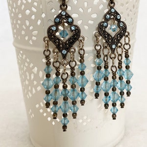 Antiqued Silver-Tone Chandelier Stud Earrings with Five Drops - Aqua (Blue) Swarovski Crystals
