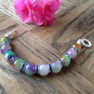 Multicolored Jade Bracelet with Blue Crystal Accents