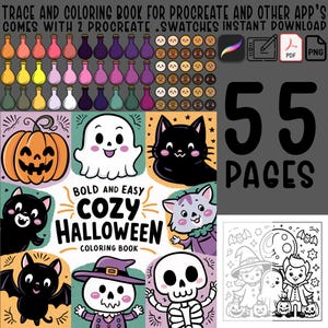 55 Målarbok för Halloween, målarbok för Halloween, Procreate, 2 paletter, .PDF, 2 färgprover, 55 .PNG-bilder, iPad, Målarbok, För lärare