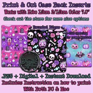 May include: Two digital printable designs for a Kobo Libra 2 or Libra Color 7.0" e-reader case. The designs feature a black background with a variety of colorful Halloween-themed elements, including pumpkins, skulls, candy, and flowers. The text "Print & Cut Case Back Inserts" and "Works with Kobo Libra 2/Libra Color 7.0" is visible at the top of the image. The text "Rounded Edges" is visible in the upper right corner of the image. The text "Cut opening for power button" is visible in the upper right corner of the image. The text ".PNG + Digital + Instant Download" is visible at the bottom of the image. The text "Includes Instruction on how to print" is visible at the bottom of the image. The text "With Both PC & Mac" is visible at the bottom of the image.