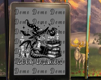 May include: A black and white illustration of a dragon wearing a witch's hat and holding a book. The dragon is sitting on a stack of books with candles on either side. The text "BOOK DRAGON" is written below the dragon. The image is on a gray background with the text "Demo" repeated multiple times.