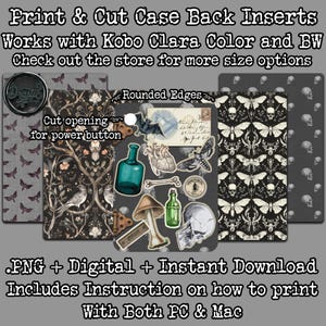 Op de afbeelding: Digitale, afdrukbare achterkant-inzetstukken voor de Kobo Clara e-reader. De ontwerpen hebben een donkere achtergrond met verschillende illustraties, waaronder schedels, motten en botanische elementen. De tekst "Rounded Edges" is zichtbaar in de afbeelding. De tekst "Cut opening for power button" is ook zichtbaar.