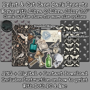 May include: Printable digital download for a 7.0 inch Libra 2 or Libra Color e-reader case back insert. The design features a black background with a variety of gothic and vintage illustrations, including a skull, a heart, a bottle, a mushroom, and a bat. The text "Rounded Edges" and "Cut opening for power button" are also included in the design.