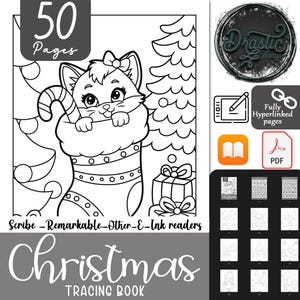 May include: A black and white coloring book with a Christmas theme. The cover features a cat peeking out of a stocking with a candy cane. The title of the book is "Christmas Tracing Book" and the text "50 Pages" is in the top left corner.