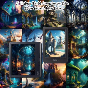 Könnte beinhalten: Eine Collage aus 26 Fantasy-Welten-Bildschirmschonern für Kobo Clara Color & Libra Color E-Reader. Die Bildschirmschoner zeigen Burgen, Wälder und andere magische Szenen.