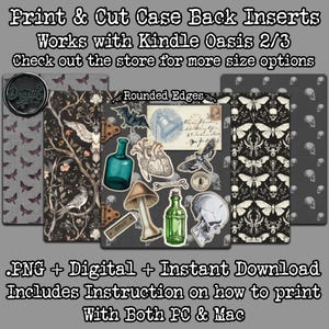Può includere: Download digitale stampabile di inserti per la parte posteriore della custodia Kindle Oasis 2/3. L'immagine mostra quattro diversi design con un'estetica vintage in bianco e nero con teschi, farfalle e illustrazioni botaniche. Il testo "Rounded Edges" è visibile su uno dei design.