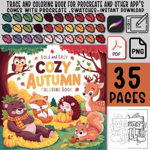 May include: A digital Cozy Autumn coloring book with 35 pages, featuring illustrations of woodland animals and fall foliage. Includes Procreate swatches and is available for instant download. The cover reads "Cozy Autumn Coloring Book."