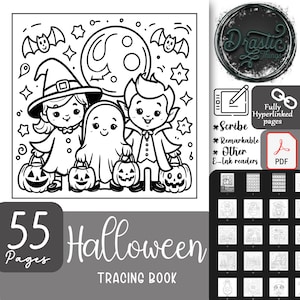 May include: Black and white Halloween tracing book cover featuring a witch, ghost, and vampire holding jack-o'-lanterns. The cover includes the text "55 Pages Halloween Tracing Book". The book is designed for use with a scribe and other e-ink readers.