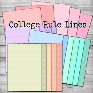 May include: A collection of college-ruled paper in various pastel colors, including pink, purple, blue, and green. The text "College Rule Lines" is printed across the top in a typewriter-style font. The papers are arranged on a light wood-grain background.
