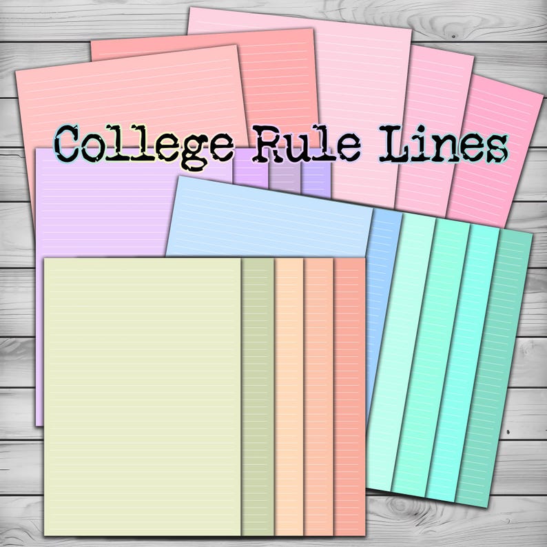 May include: A collection of college-ruled paper in various pastel colors, including pink, purple, blue, and green. The text "College Rule Lines" is printed across the top in a typewriter-style font. The papers are arranged on a light wood-grain background.