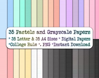 35 Pastel Digital Paper, Multi-Colored, Greyscale, College Ruled Paper, Digital Planner Templates, A4 & Letter, Goodnotes, Notability, iPad