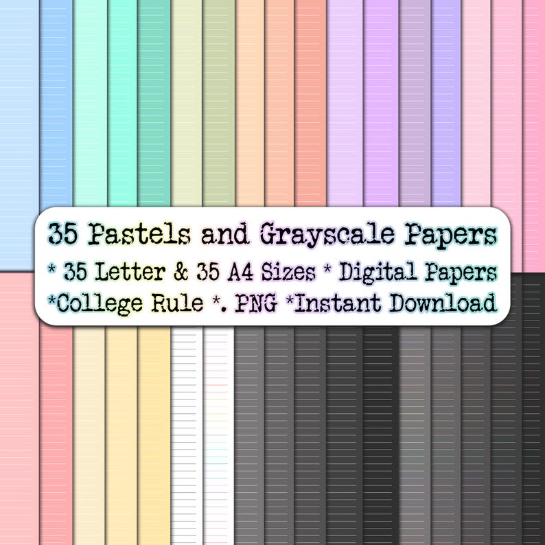 May include: A digital paper pack featuring 35 pastel and grayscale papers. The pack includes 35 Letter and 35 A4 sizes, college rule, and is available as an instant PNG download.