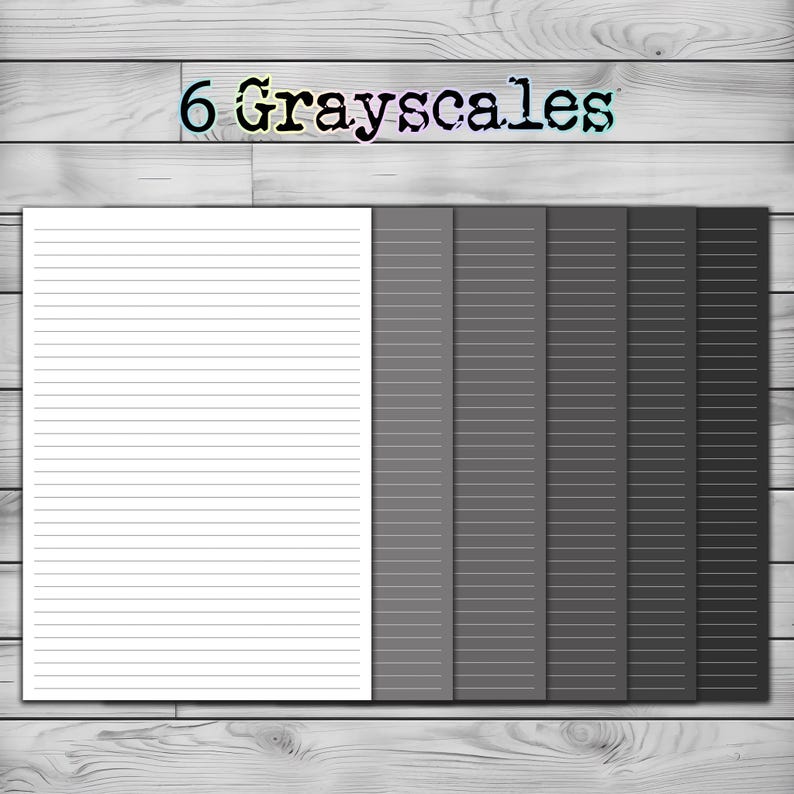 May include: A set of six grayscale lined paper designs. The designs range from white to black, with varying shades of gray in between. The text "6 Grayscales" is displayed at the top of the image.