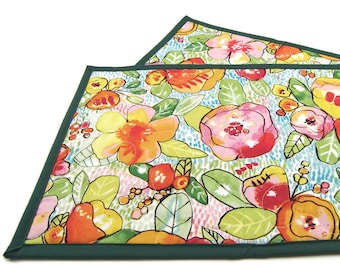 Quilted Placemats - Colorful Flowers on White Cotton Set of 2 - 12 x 18 inch Place Mats, Colorful Kitchen Decor - Floral Table Mats