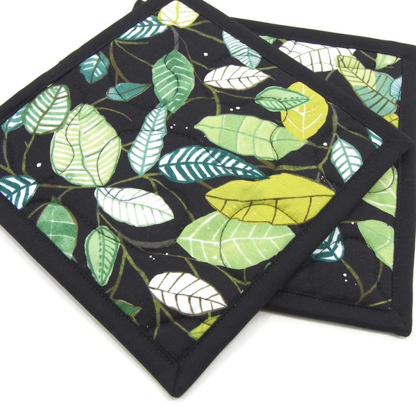 Hot Pads, Quilted Pot Holders - Green Leaves on Black Cotton Fabric 8 Inch Potholders - Set of 2 Hostess Gift, Housewarming Gift