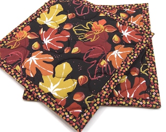 Quilted Pot Holders - Fig Leaves on Black Kitchen Potholders Set of Two - 8 Inch Square Hot Pads