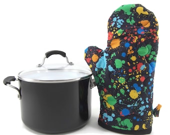 Colorful Oven Mitt, Quilted Oven Glove, Insulated Pot Holder - Splatters on Black Oven Mitt