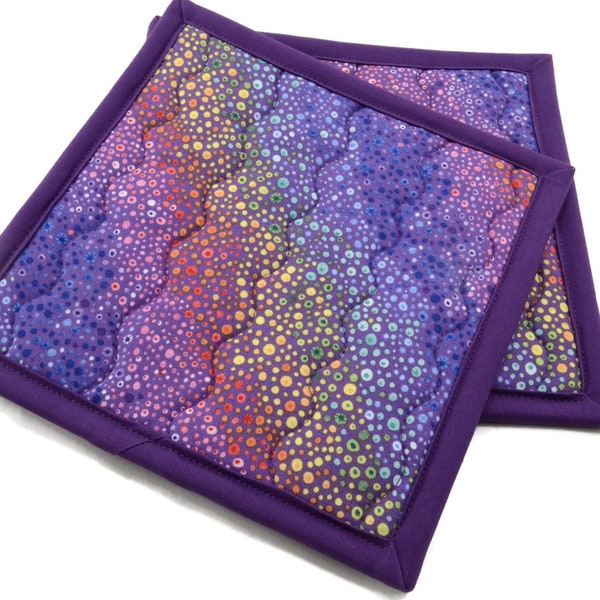 Purple Rainbow Cotton Potholders - Set of Two 8 Inch Hot Pads - Colorful Dots Pot Holders