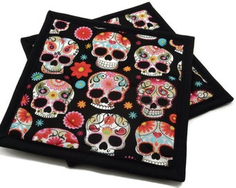 Quilted Day of the Dead Cotton Potholders, Fabric Hot Pads - Colorful Sugar Skulls on Black  Pot Holders Set of 2 - 8 Inch Square
