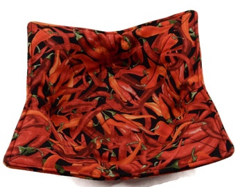 Chili Pepper Microwave Bowl Cozy Handmade Bowl Holder in Red, Orange, and Green Cotton - Dish Hugger