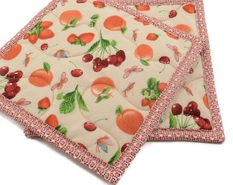 Summer Fruit Hot Pads, Quilted Pot Holders - Blush Pink, Red, and Green Set of Two - 8 Inch Square