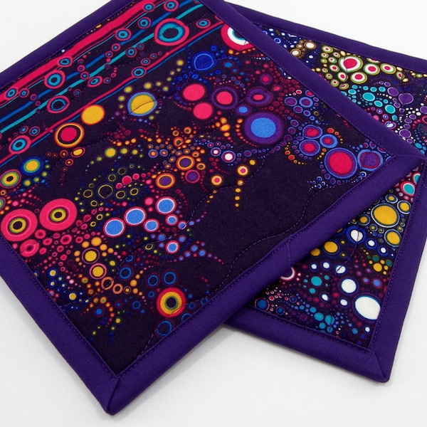 Quilted Potholders, Fabric Hot Pads - Colorful Purple Cotton Pot Holders