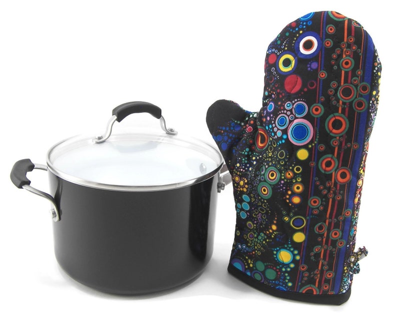 Bright Circles on Black Cotton Potholder Insulated Pot Holder Quilted Oven Glove Colorful Oven Mitt