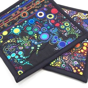 Quilted Potholders, Fabric Hot Pads - Colorful Brights on Black Cotton Pot Holders