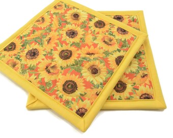 Sunflower Hot Pads, Quilted Pot Holders - Yellow and Orange Floral Potholders - Set of Two - 8 Inch Square