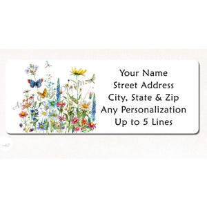 May include: A rectangular label with a watercolor illustration of wildflowers and butterflies. The label includes text fields for name, address, city, state, zip code, and personalization up to 5 lines.