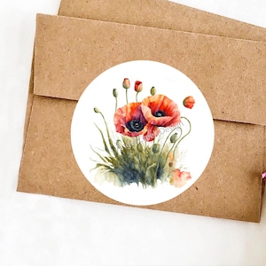 Poppy Flower Stickers, Floral Poppy Envelope Stickers, Summer Poppies Envelope Seals, Red Poppies Favors, Poppy Seals