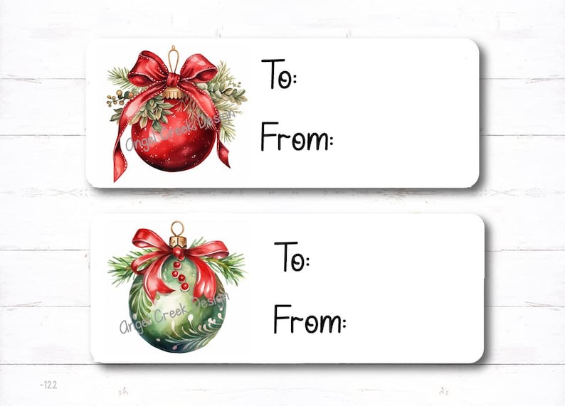 May include: Two printable gift tags featuring watercolor illustrations of Christmas ornaments. The top tag has a red ornament with a red bow and green leaves. The bottom tag has a green ornament with a red bow and green leaves. Both tags have the text "To:" and "From:" printed on them.