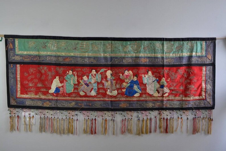 Antique Chinese Silk Embroidered Wallhanging With Eight - Etsy