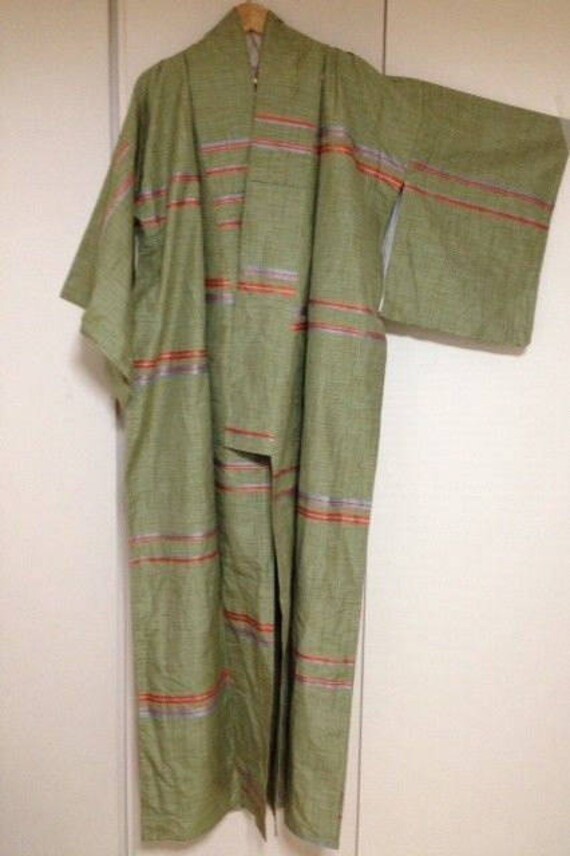 Antique Japanese Silk Kimono Pongee Green with Or
