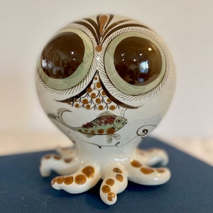 Vintage RARE Tonala Octopus Pottery Figurine El Palomar Mexico Handpainted Big Eyes Whimsical Collectible Pottery