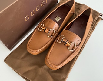 Mocasines Gucci Vintage de piel auténtica con bocado de bambú, talla 39 1/2