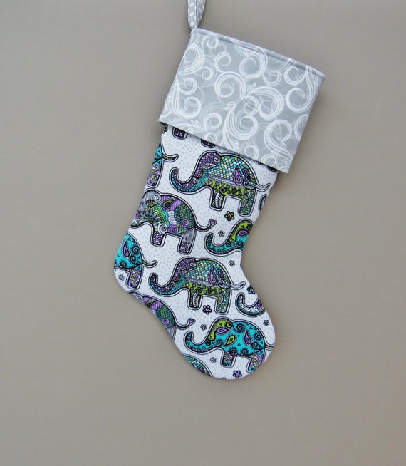 Items similar to Elephant Christmas Stocking, Elephant Teal and Grey