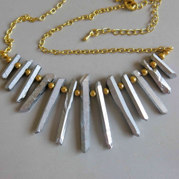 Natural Raw Crystal Quartz Point Beads Silver Titanium Quartz Necklace B696