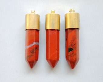 Red Stone Bullet Point With Raw Brass Cap Pendant - B1669